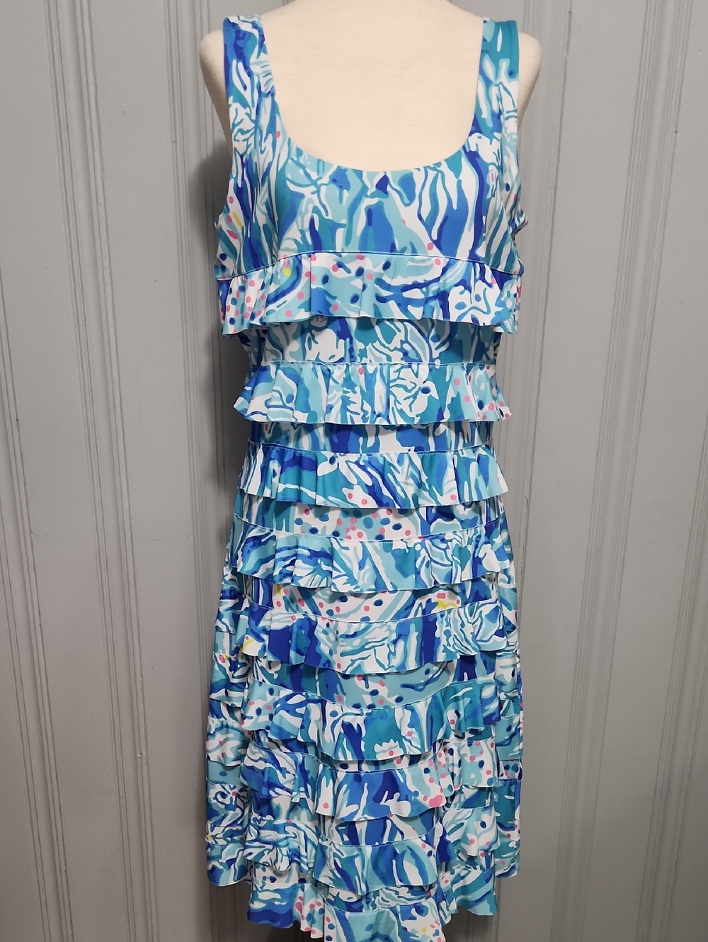 BRAND NEW! Tango Mango - Colorful Abstract In Blue's, Tiered In Ruffles Dress